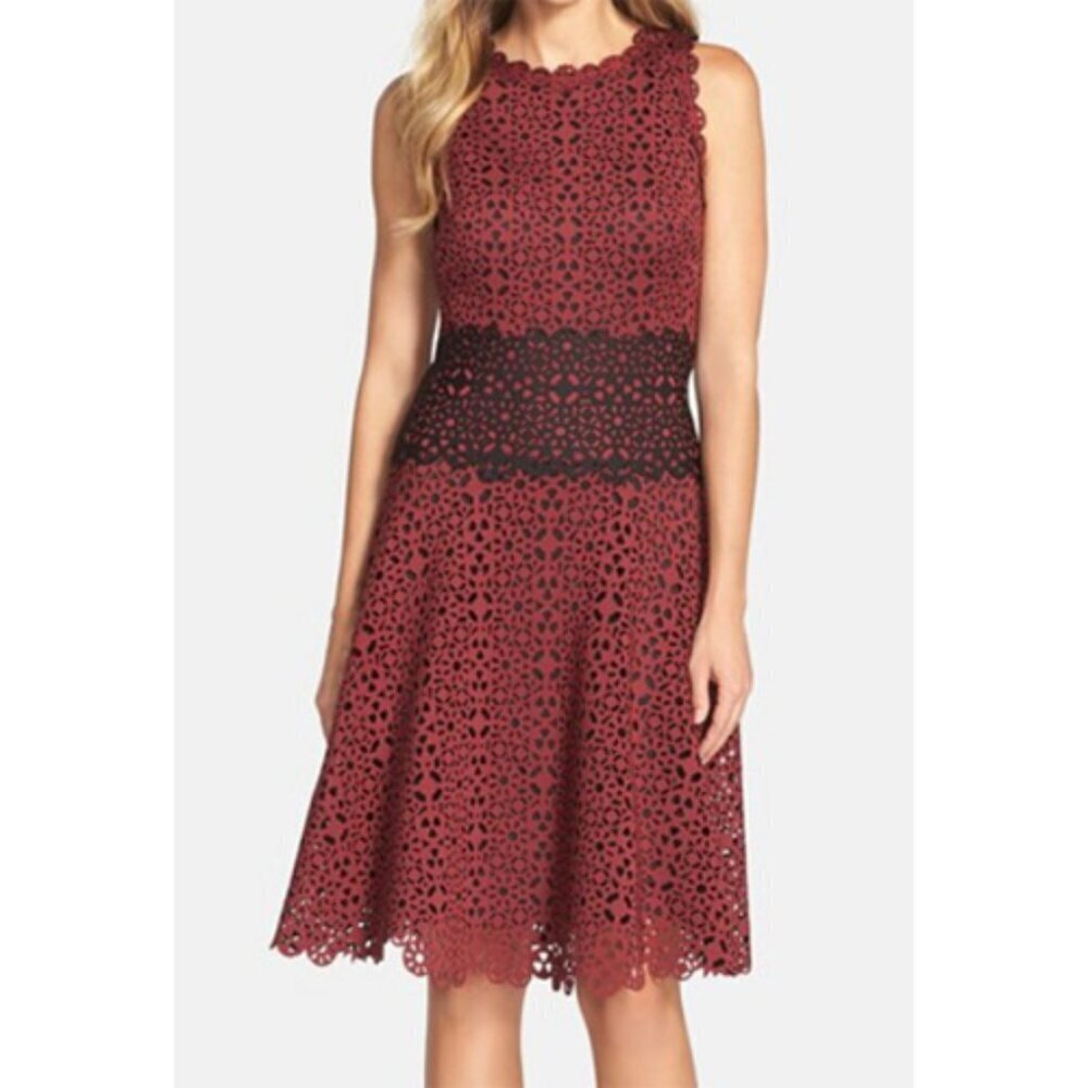 Tadashi Shoji Burgundy Laser Cut Neoprene Sheath Dress Sz 12